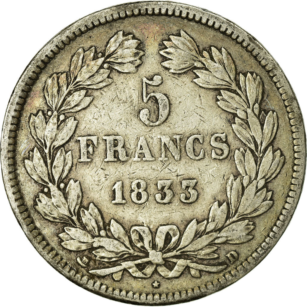 Coin, France, Louis-Philippe, 5 Francs, 1833, Lyon, VF(20-25), Silver, KM:749.4