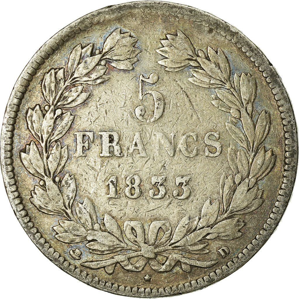Coin, France, Louis-Philippe, 5 Francs, 1833, Lyon, VF(20-25), Silver, KM:749.4