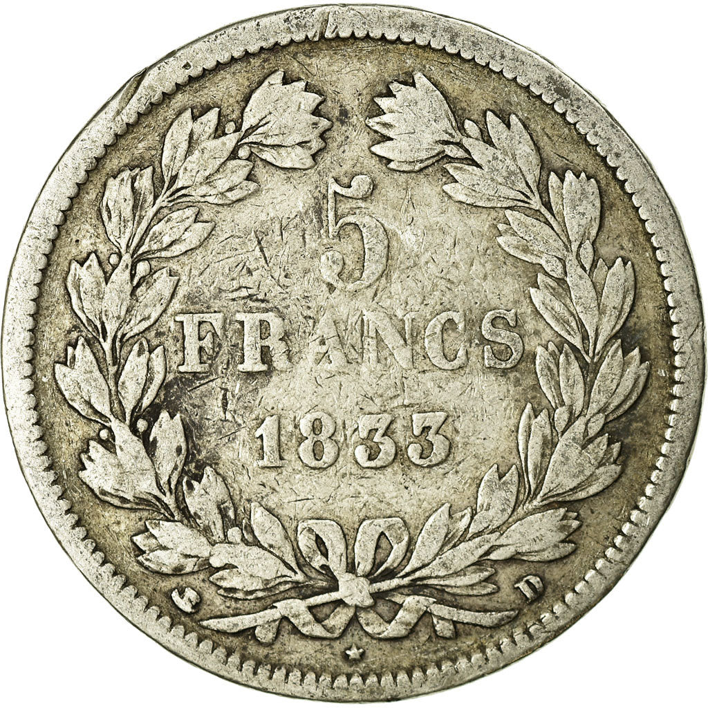 Coin, France, Louis-Philippe, 5 Francs, 1833, Lyon, VF(20-25), Silver, KM:749.4