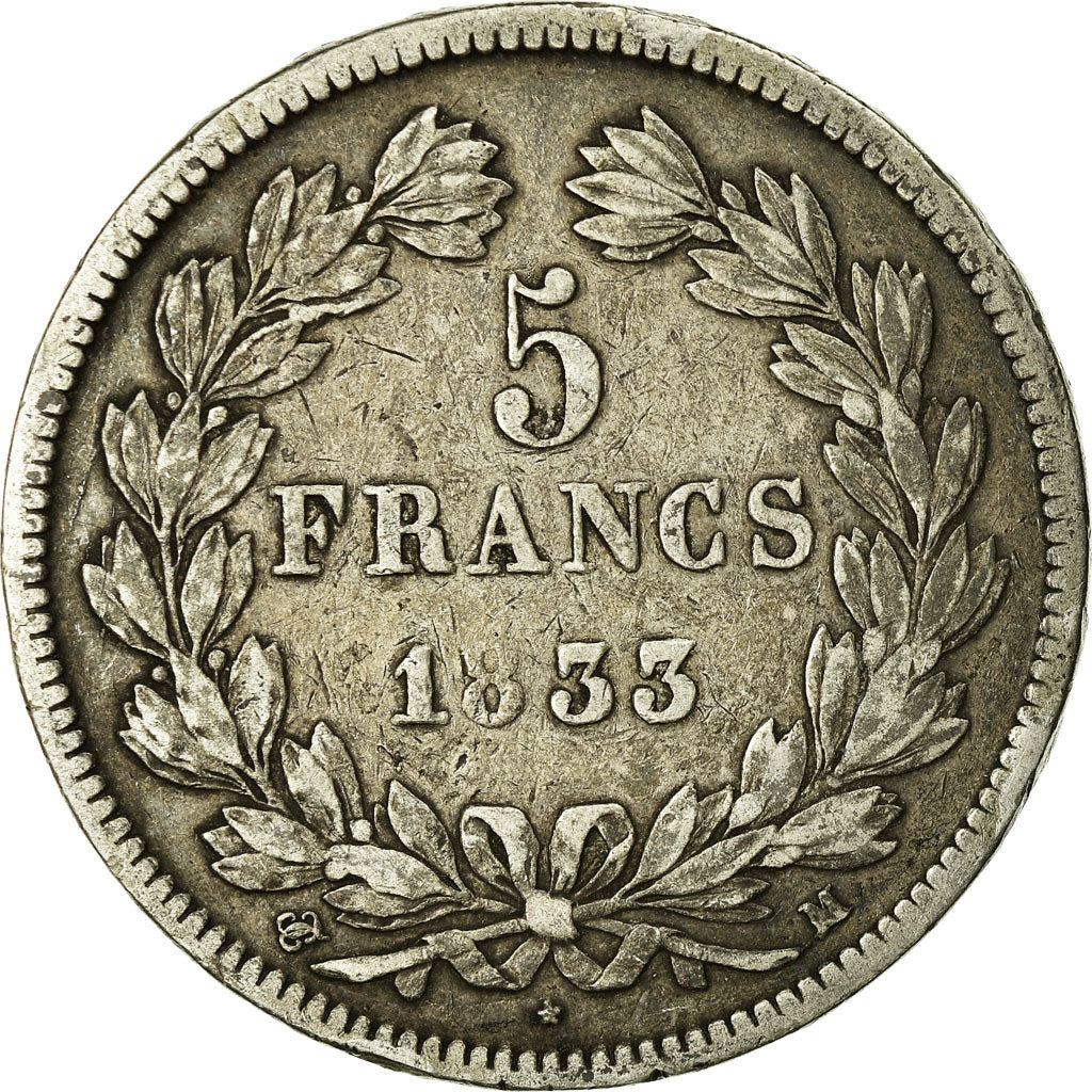 Moneda, Francia, Louis-Philippe, 5 Francs, 1833, Toulouse, BC+, Plata, KM:749.9