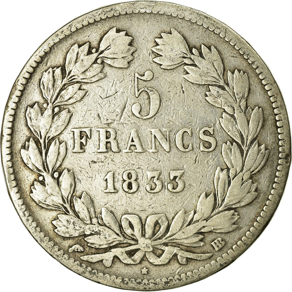 Moneta, Francia, Louis-Philippe, 5 Francs, 1833, Strasbourg, MB, Argento