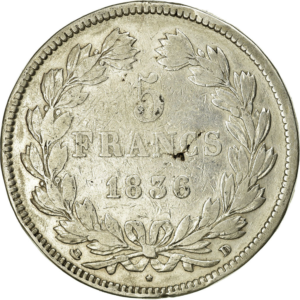 Coin, France, Louis-Philippe, 5 Francs, 1836, Lyon, VF(20-25), Silver, KM:749.4