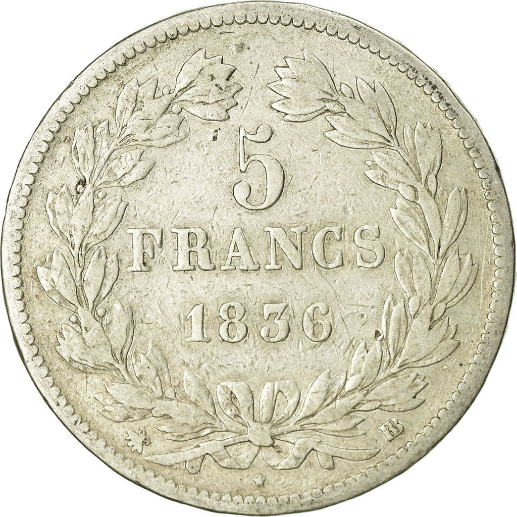 Monnaie, France, Louis-Philippe, 5 Francs, 1836, Strasbourg, TB, Argent