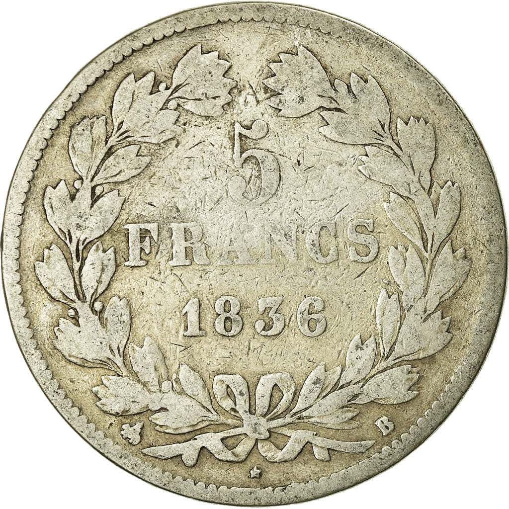 Coin, France, Louis-Philippe, 5 Francs, 1836, Rouen, VF(20-25), Silver