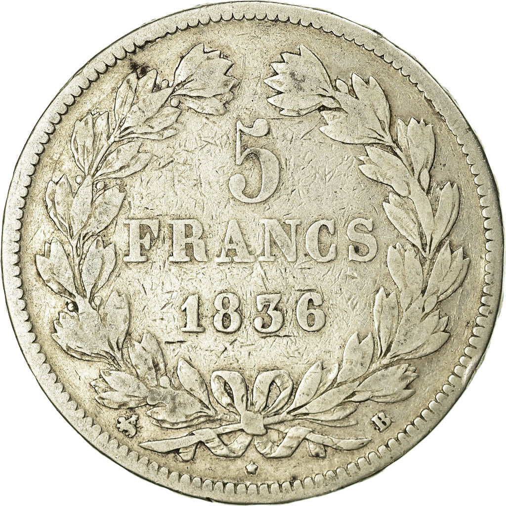 Moneta, Francia, Louis-Philippe, 5 Francs, 1836, Rouen, MB, Argento, KM:749.2