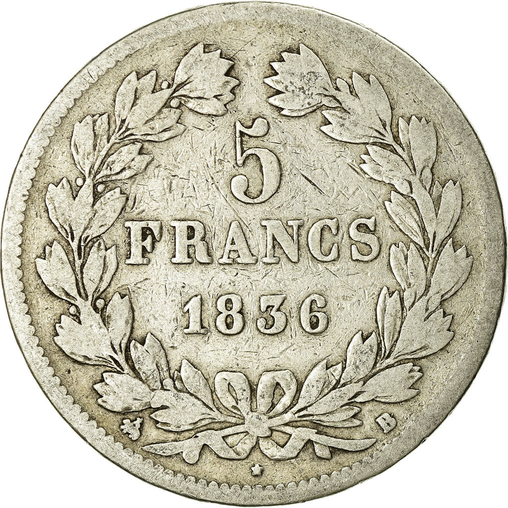 Coin, France, Louis-Philippe, 5 Francs, 1836, Rouen, VF(20-25), Silver