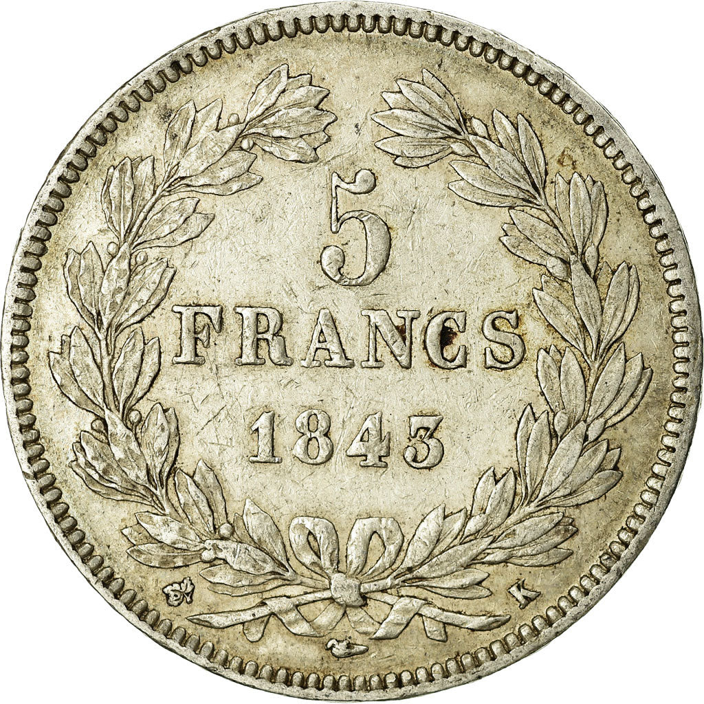 Coin, France, Louis-Philippe, 5 Francs, 1843, Bordeaux, EF(40-45), Silver