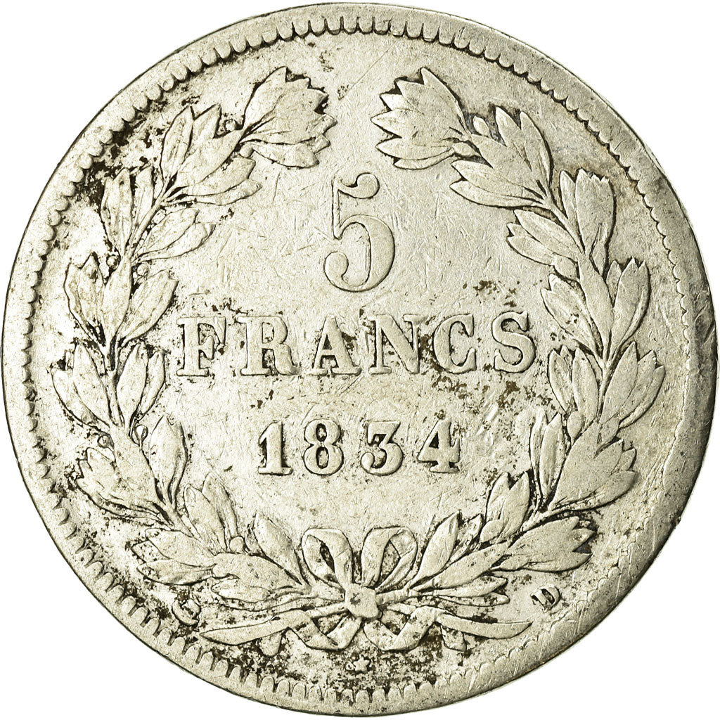 Coin, France, Louis-Philippe, 5 Francs, 1834, Lyon, VF(20-25), Silver, KM:749.4