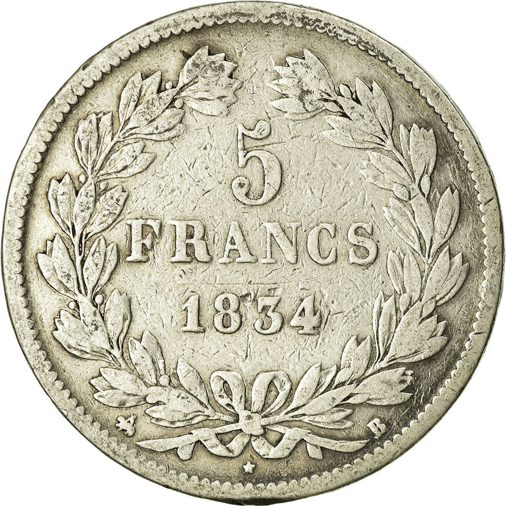 Coin, France, Louis-Philippe, 5 Francs, 1834, Rouen, VF(20-25), Silver