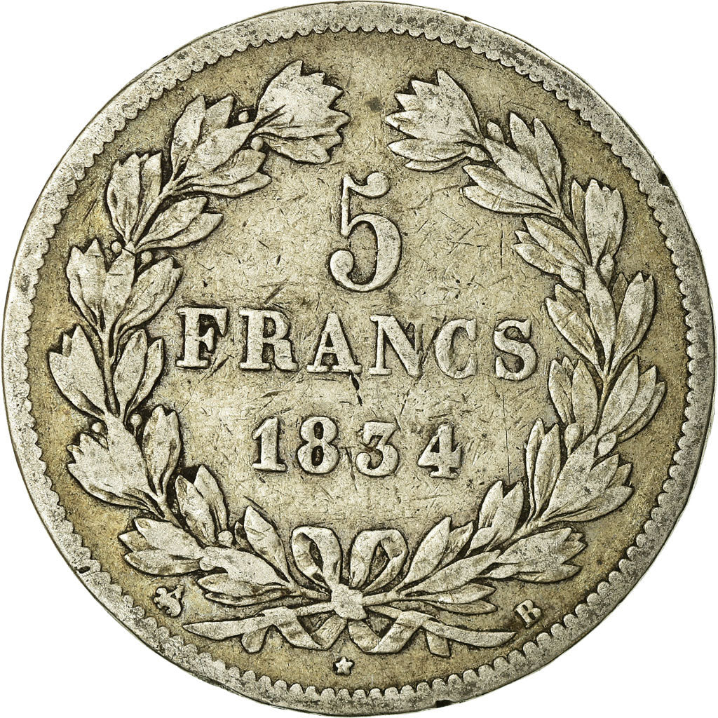 Münze, Frankreich, Louis-Philippe, 5 Francs, 1834, Rouen, S, Silber, KM:749.2