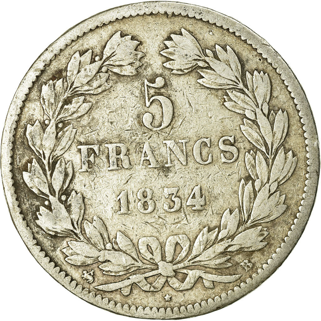 Coin, France, Louis-Philippe, 5 Francs, 1834, Rouen, VF(20-25), Silver