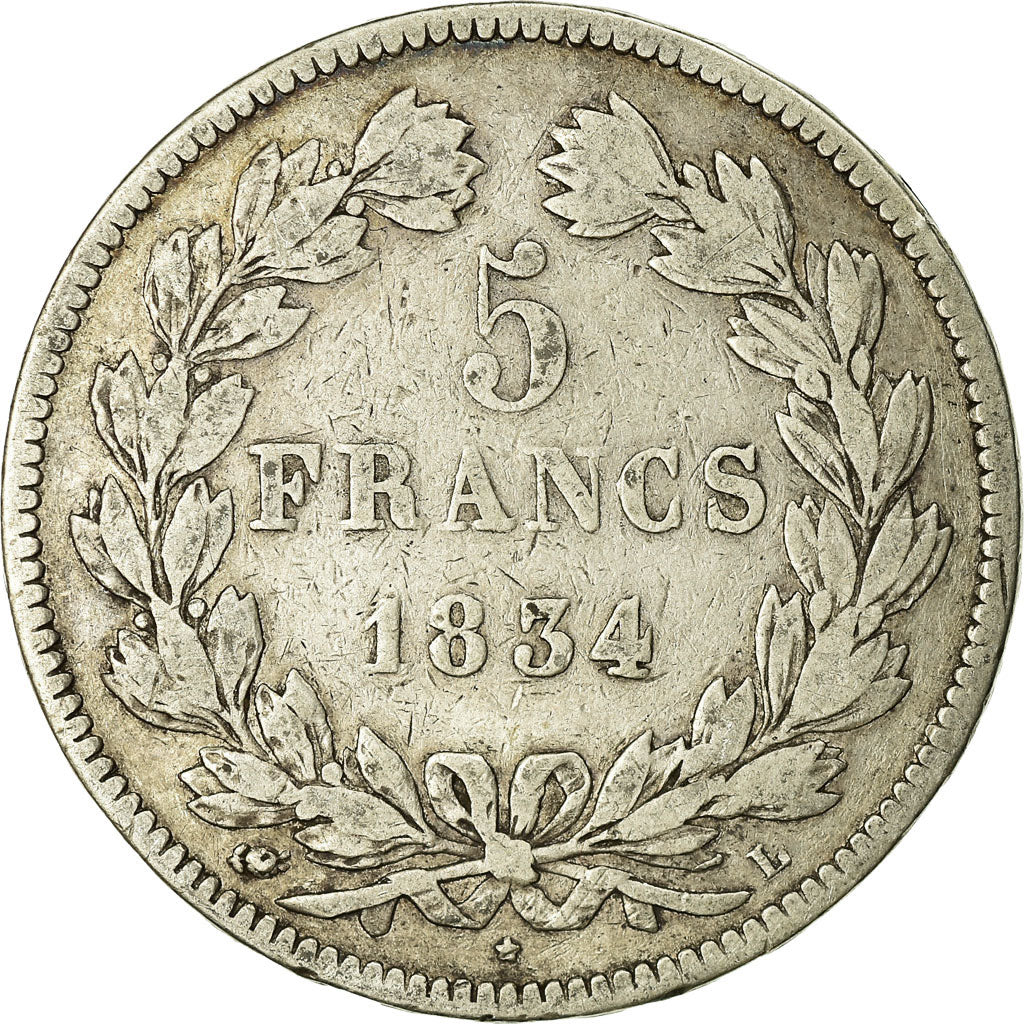 Coin, France, Louis-Philippe, 5 Francs, 1834, Bayonne, VF(20-25), Silver