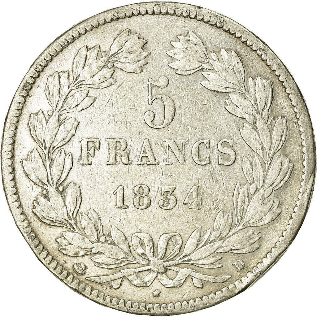 Coin, France, Louis-Philippe, 5 Francs, 1834, Lyon, VF(30-35), Silver, KM:749.4