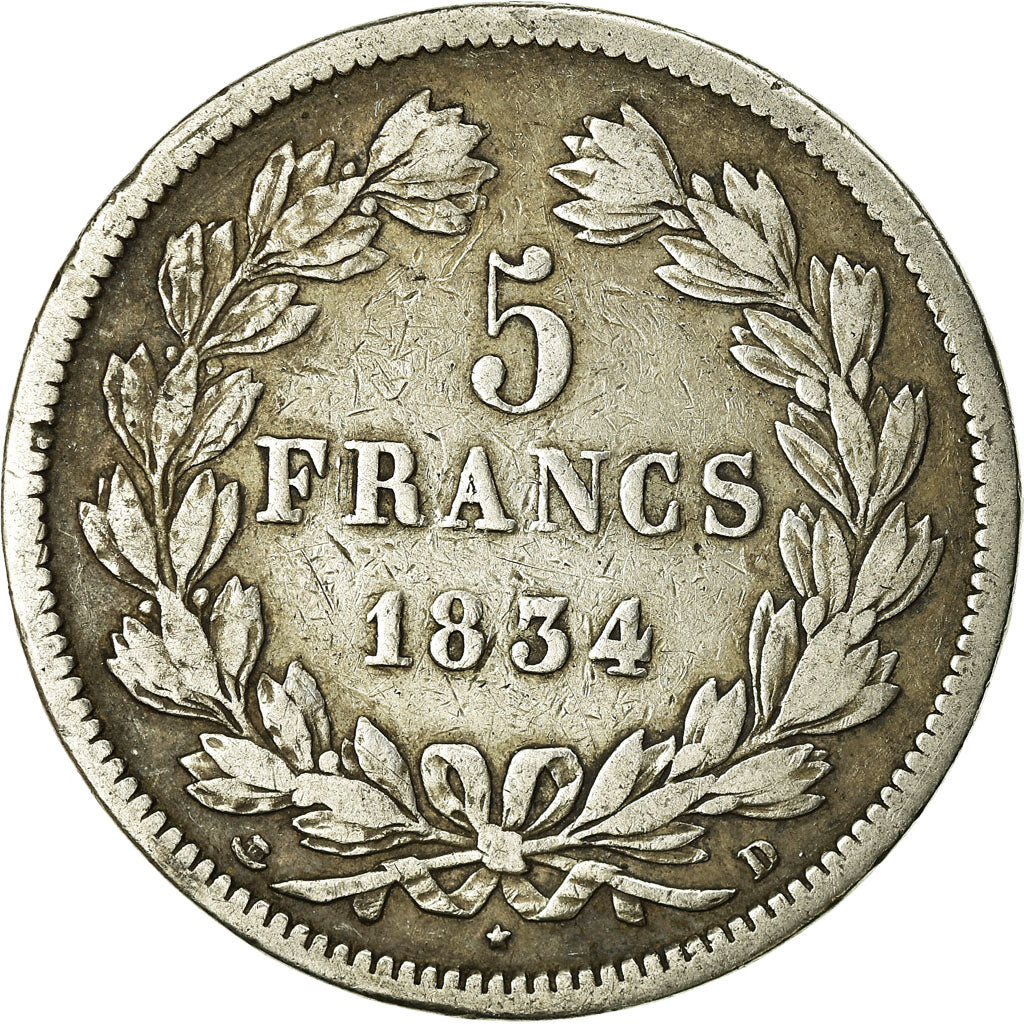 Coin, France, Louis-Philippe, 5 Francs, 1834, Lyon, VF(20-25), Silver, KM:749.4