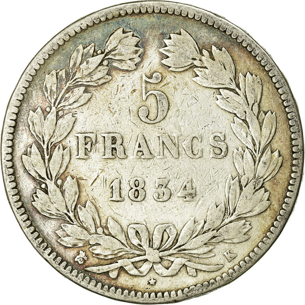 Moneta, Francia, Louis-Philippe, 5 Francs, 1834, Bordeaux, MB, Argento