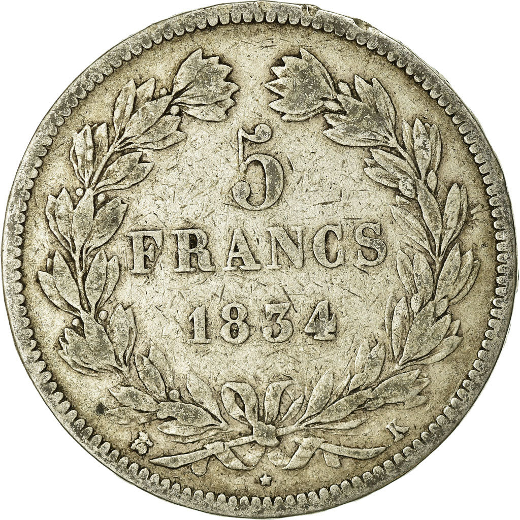 Monnaie, France, Louis-Philippe, 5 Francs, 1834, Bordeaux, TB, Argent