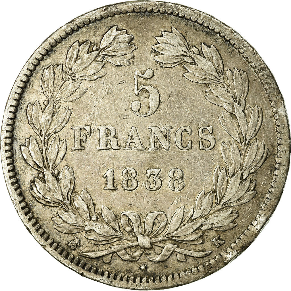 Monnaie, France, Louis-Philippe, 5 Francs, 1838, Bordeaux, TB, Argent