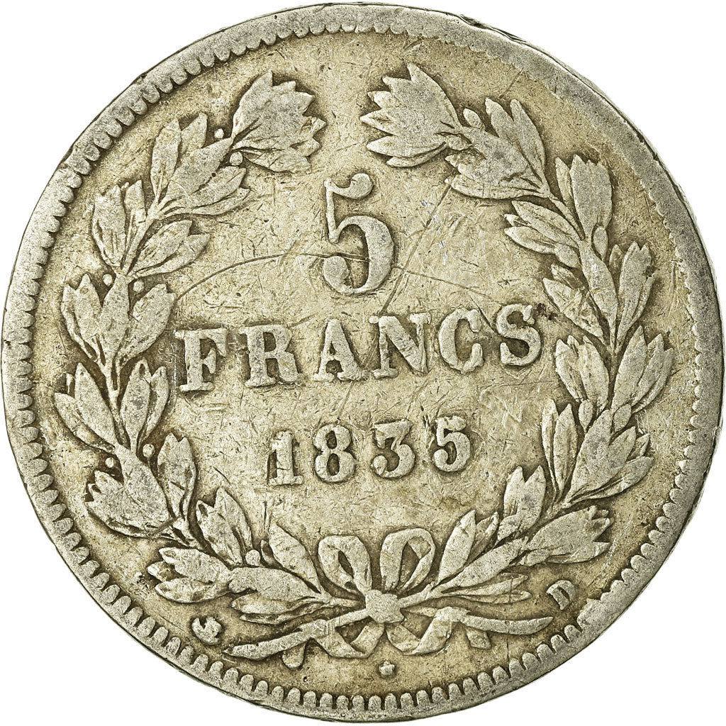 Coin, France, Louis-Philippe, 5 Francs, 1835, Lyon, VF(20-25), Silver, KM:749.4