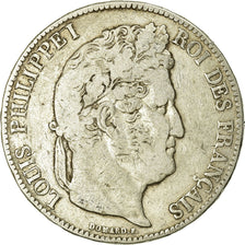 Moeda, França, Louis-Philippe, 5 Francs, 1837, Lille, VF(20-25), Prata