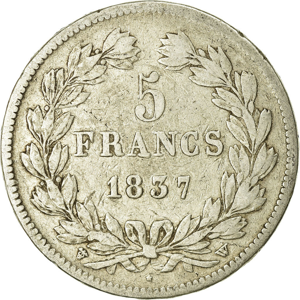 Moeda, França, Louis-Philippe, 5 Francs, 1837, Lille, VF(20-25), Prata