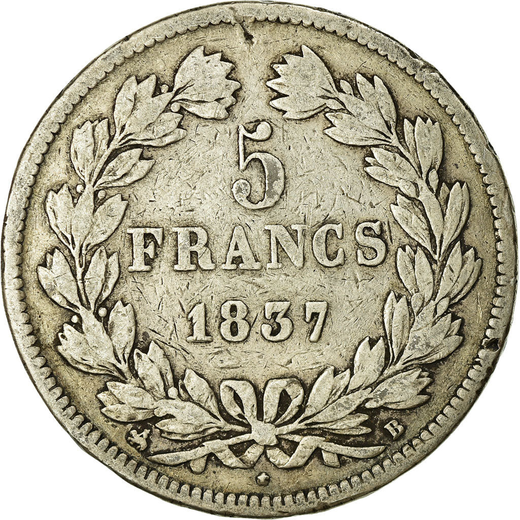 Coin, France, Louis-Philippe, 5 Francs, 1837, Rouen, VF(20-25), Silver
