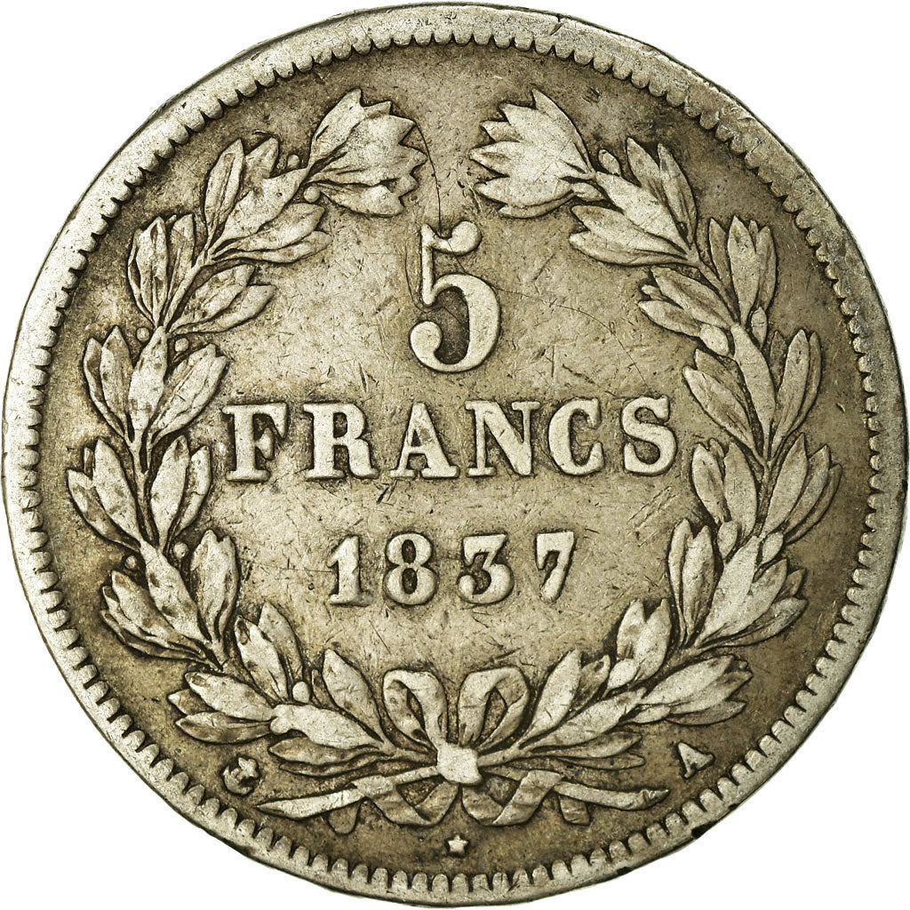 Moneta, Francia, Louis-Philippe, 5 Francs, 1837, Paris, MB, Argento, KM:749.1