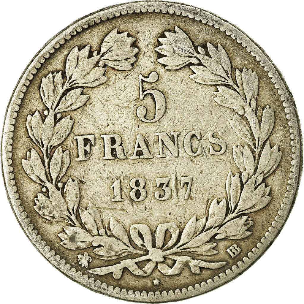 Coin, France, Louis-Philippe, 5 Francs, 1837, Strasbourg, VF(20-25), Silver