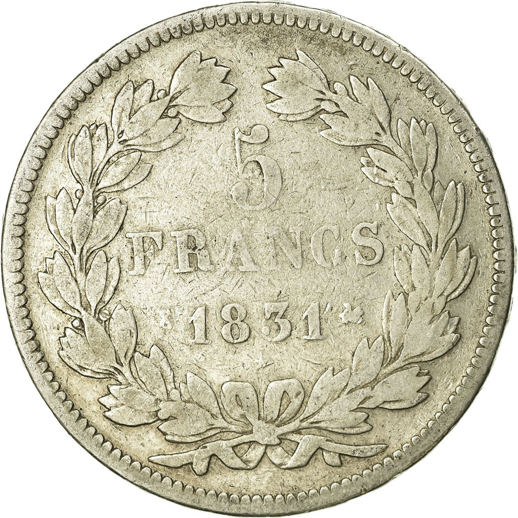 Moeda, França, Louis-Philippe, 5 Francs, 1831, Bordeaux, VF(20-25), Prata