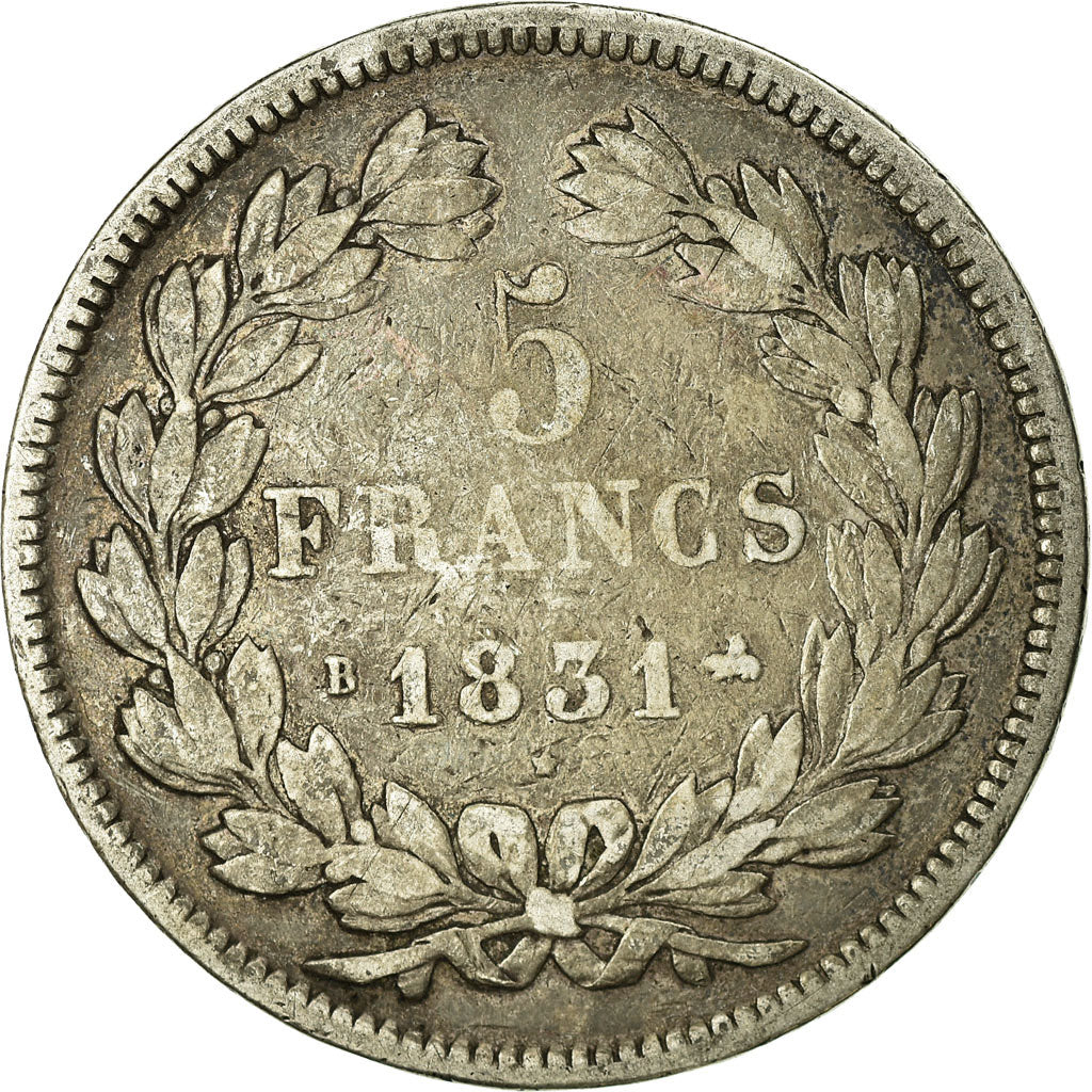 Moeda, França, Louis-Philippe, 5 Francs, 1831, Rouen, VF(20-25), Prata