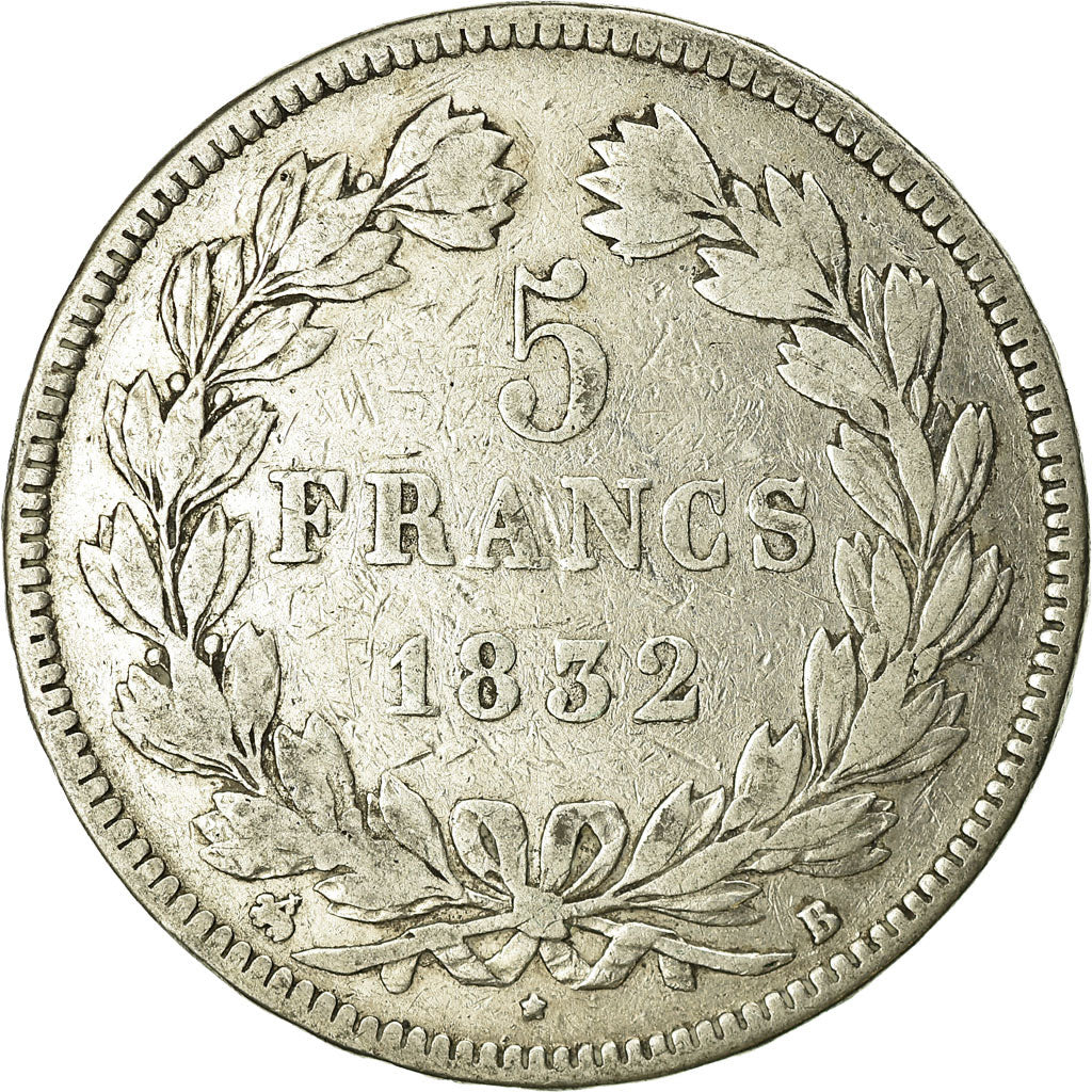 Moneta, Francia, Louis-Philippe, 5 Francs, 1832, Rouen, MB, Argento, KM:749.2