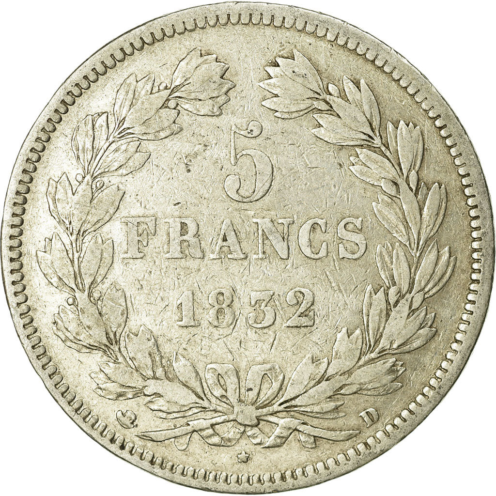 Coin, France, Louis-Philippe, 5 Francs, 1832, Lyon, VF(20-25), Silver, KM:749.4