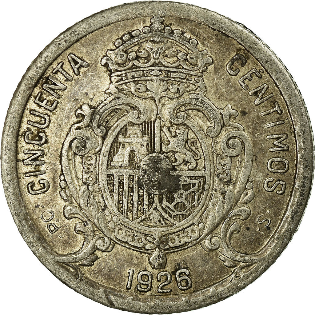 Coin, Spain, Alfonso XIII, 50 Centimos, 1926, Madrid, VF(30-35), Silver, KM:741