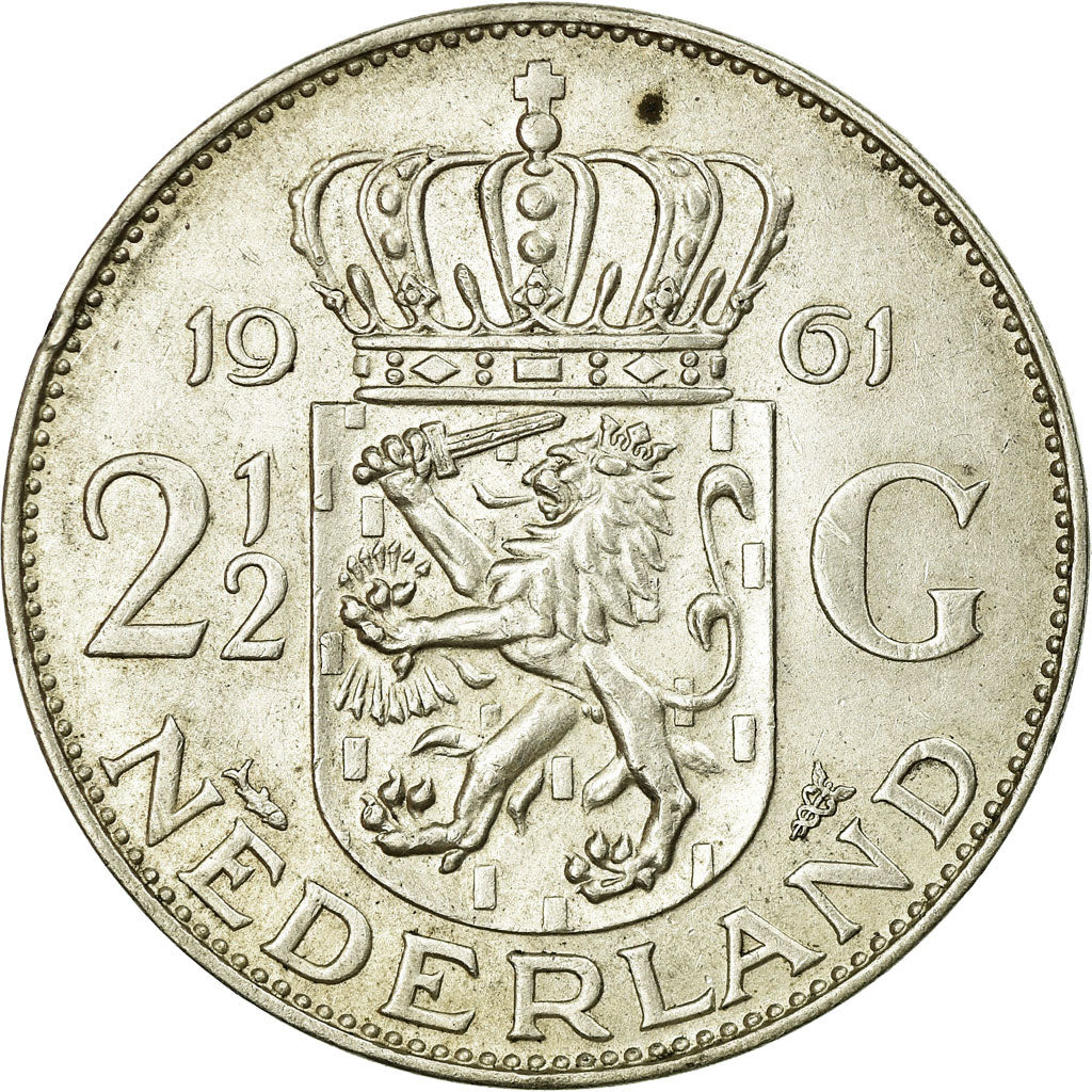 Coin, Netherlands, Juliana, 2-1/2 Gulden, 1961, AU(50-53), Silver, KM:185