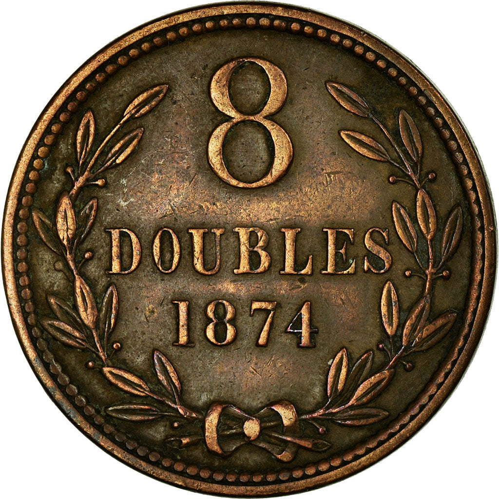 Coin, Guernsey, 8 Doubles, 1874, Heaton, Birmingham, EF(40-45), Bronze, KM:7