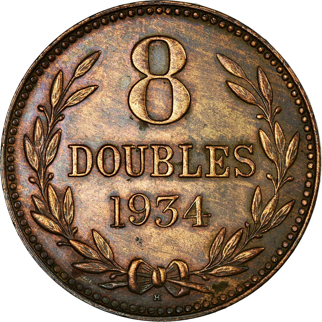 Coin, Guernsey, 8 Doubles, 1934, Heaton, Birmingham, EF(40-45), Bronze, KM:14