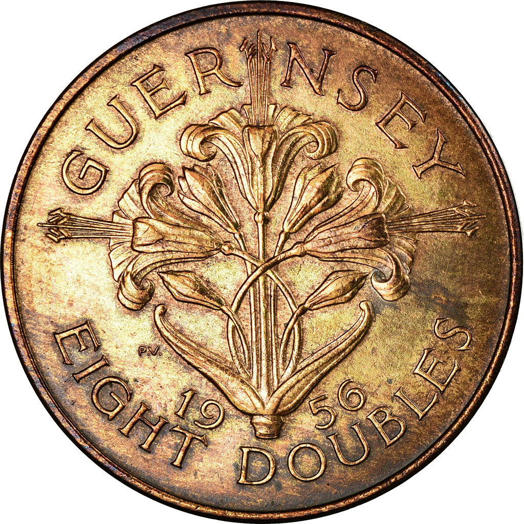 Monnaie, Guernsey, Elizabeth II, 8 Doubles, 1956, Heaton, TTB, Bronze, KM:16