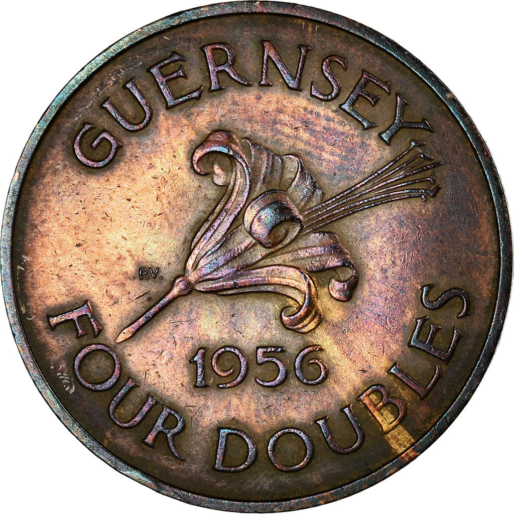 Monnaie, Guernsey, Elizabeth II, 4 Doubles, 1956, Heaton, TTB, Bronze, KM:15