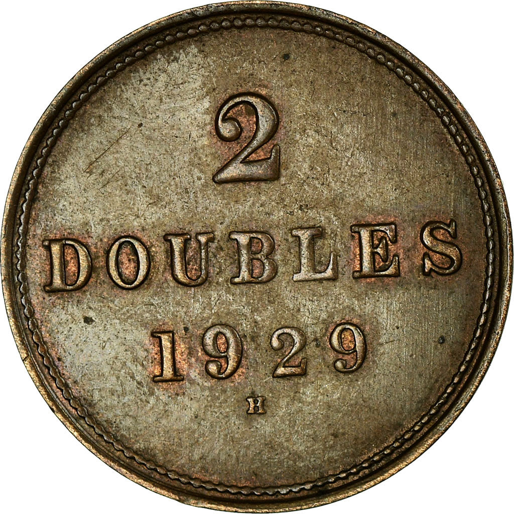 Coin, Guernsey, 2 Doubles, 1929, Heaton, Birmingham, EF(40-45), Bronze Plated