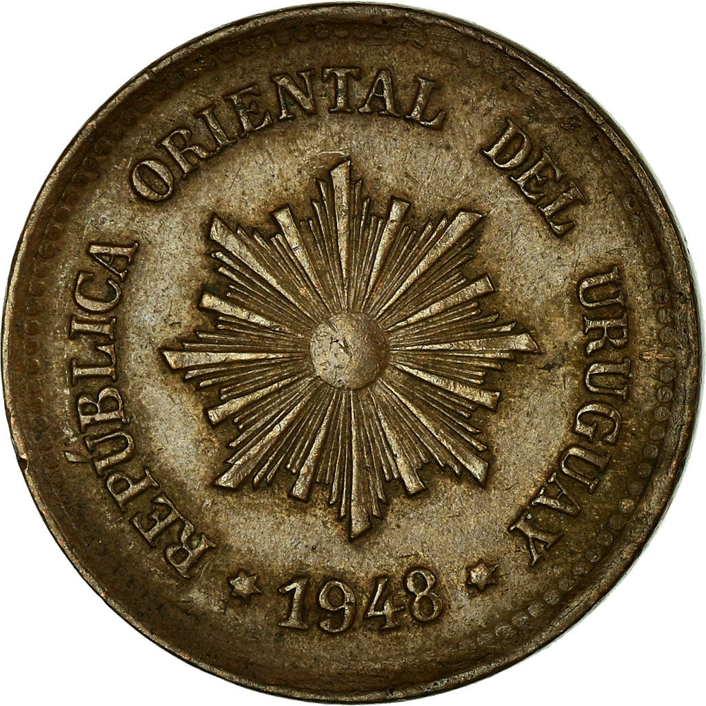 Moeda, Uruguai, 2 Centesimos, 1948, Santiago, EF(40-45), Cobre-Estanho-Zinco