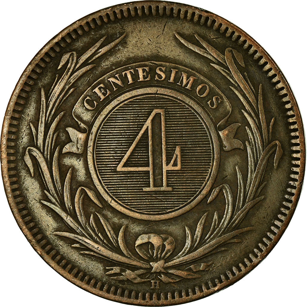 Coin, Uruguay, 4 Centesimos, 1869, Uruguay Mint, Birmingham, AU(55-58), Bronze