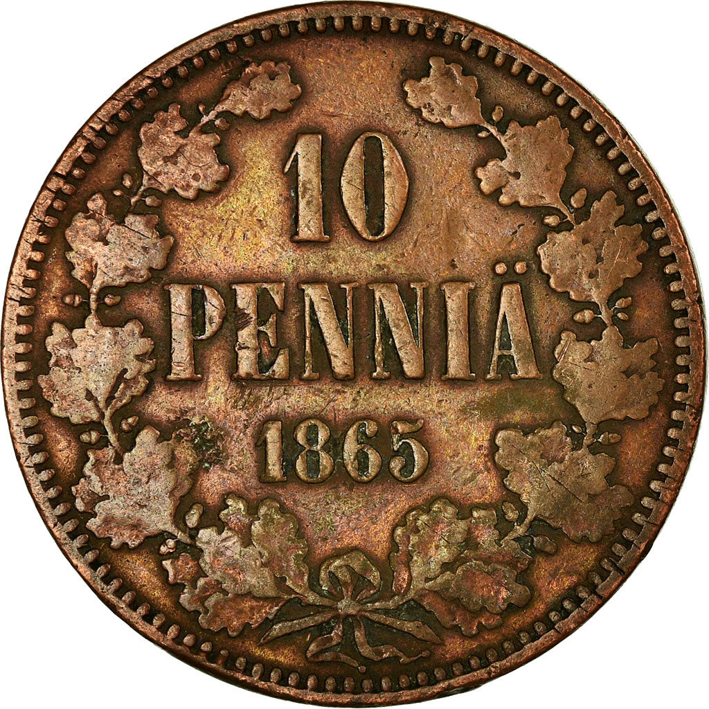 Moneta, Finlandia, Alexander II, 10 Pennia, 1865, VF(30-35), Miedź, KM:5.1