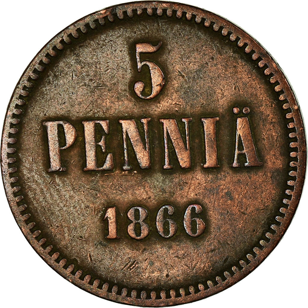 Coin, Finland, Alexander II, 5 Pennia, 1866, EF(40-45), Copper, KM:4.1