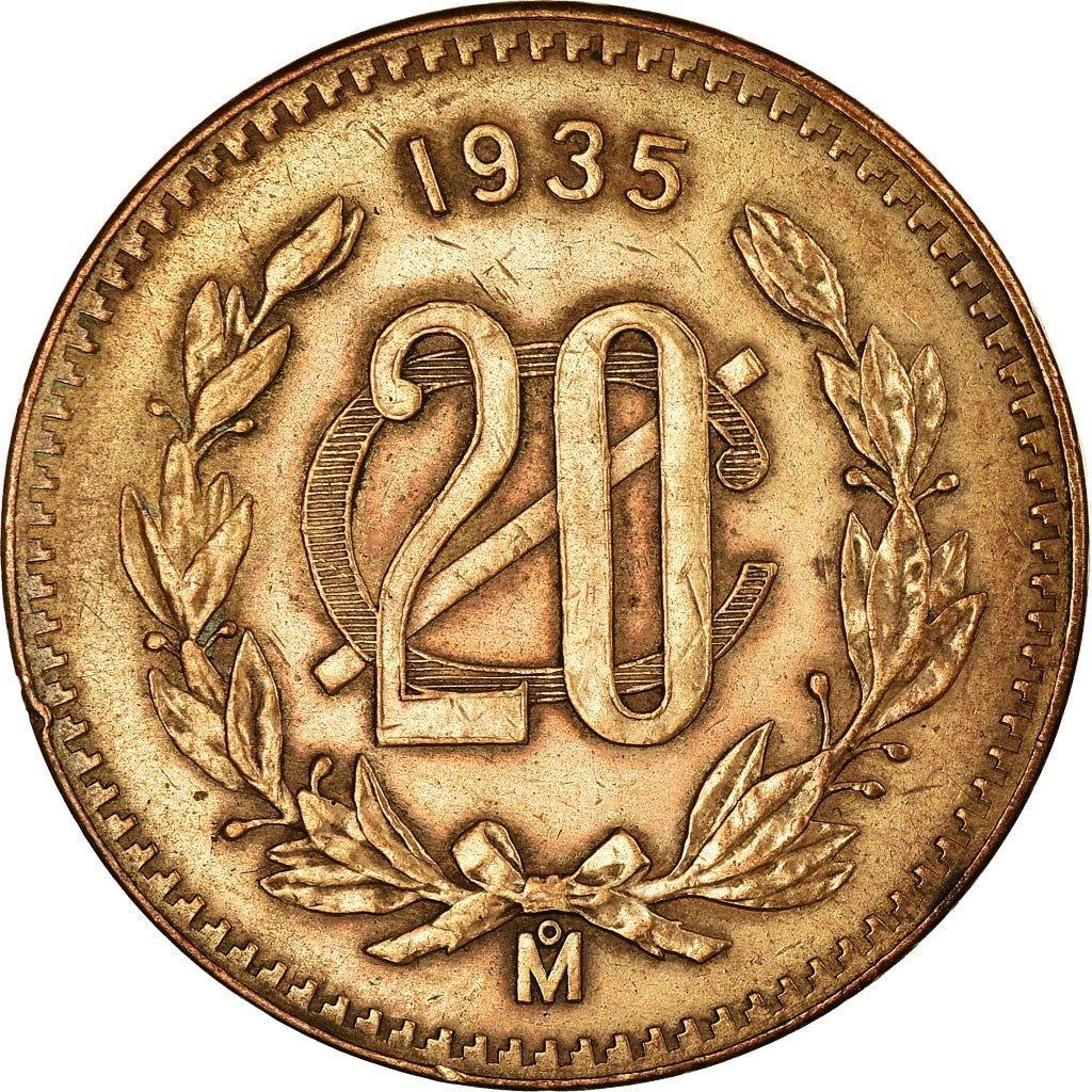 Moneda, México, 20 Centavos, 1935, Mexico City, EBC, Bronce, KM:437