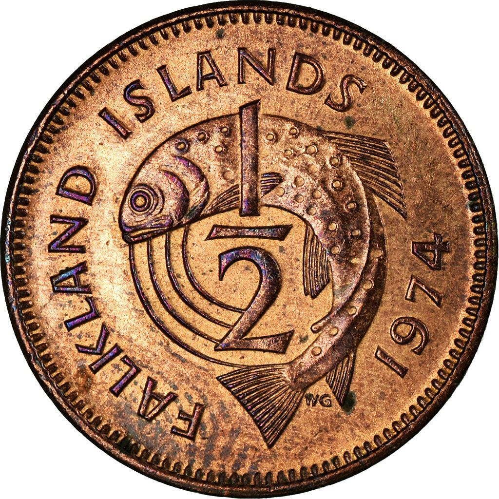 Moneda, Islas Malvinas, Elizabeth II, 1/2 Penny, 1974, MBC, Bronce, KM:1