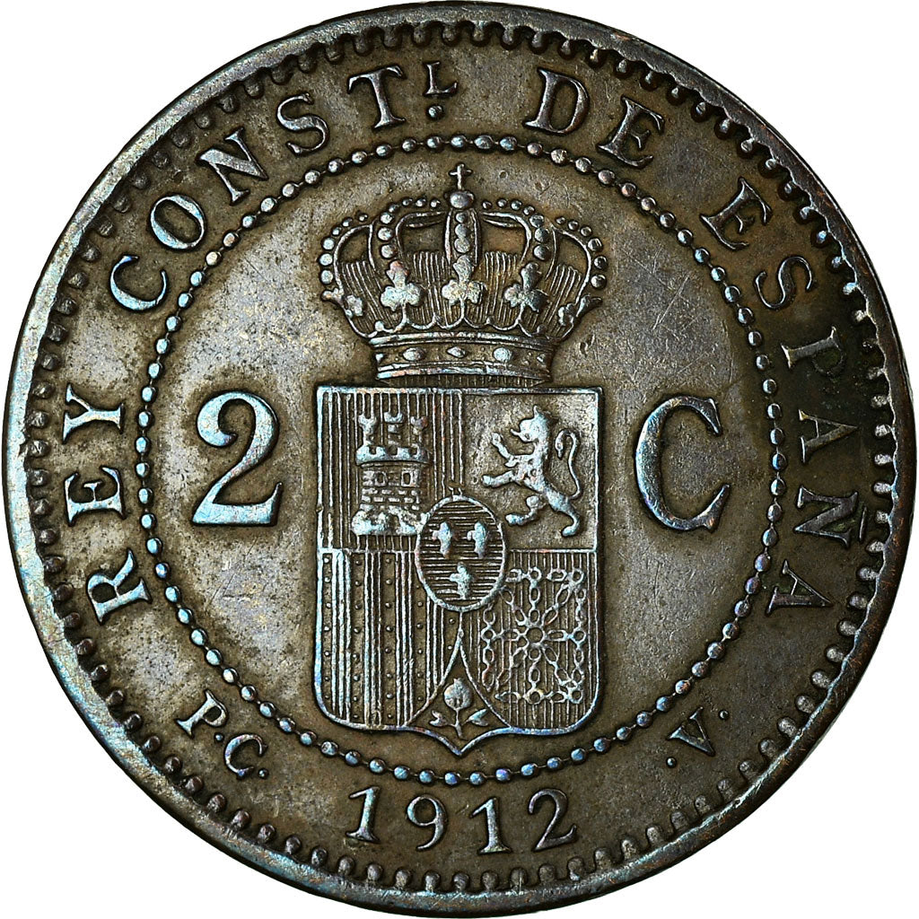 Coin, Spain, Alfonso XIII, 2 Centimos, 1912, Madrid, VF(30-35), Copper, KM:732