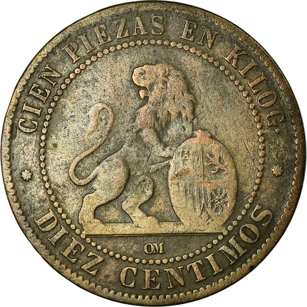 Moneda, España, Provisional Government, 10 Centimos, 1870, Madrid, BC+, Cobre