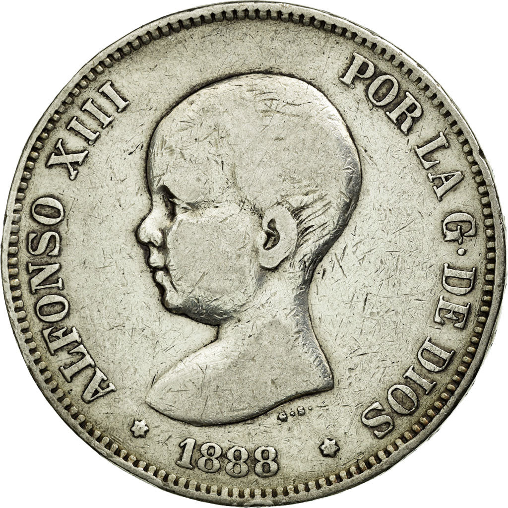 Moneta, Spagna, Alfonso XIII, 5 Pesetas, 1888, Madrid, MB+, Argento, KM:689