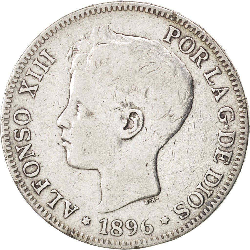 Spain, 5 Pesetas, 1896, Valencia, KM #707, VF(30-35), Silver, 24.52
