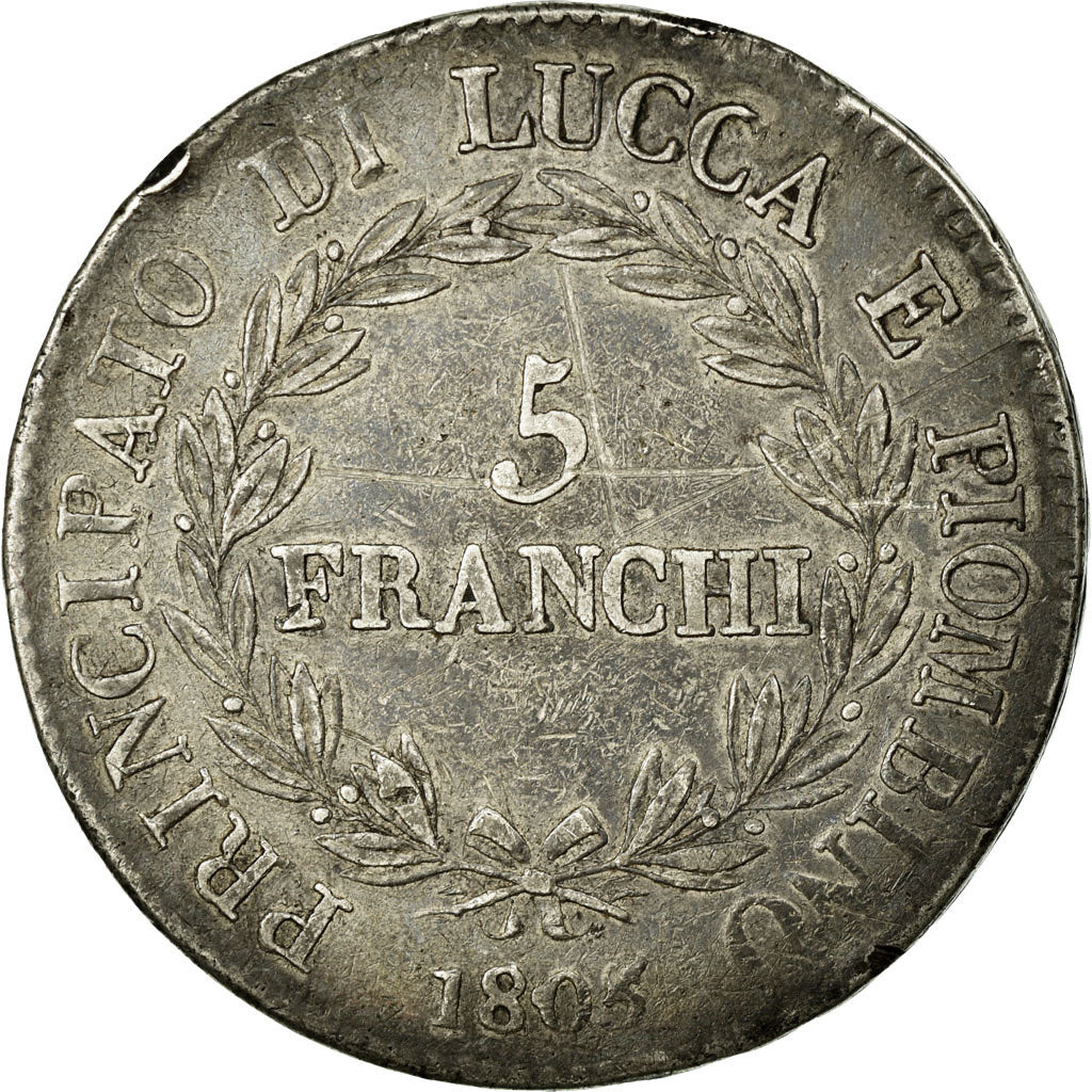 Coin, ITALIAN STATES, LUCCA, Felix and Elisa, 5 Franchi, 1805, VF(30-35)