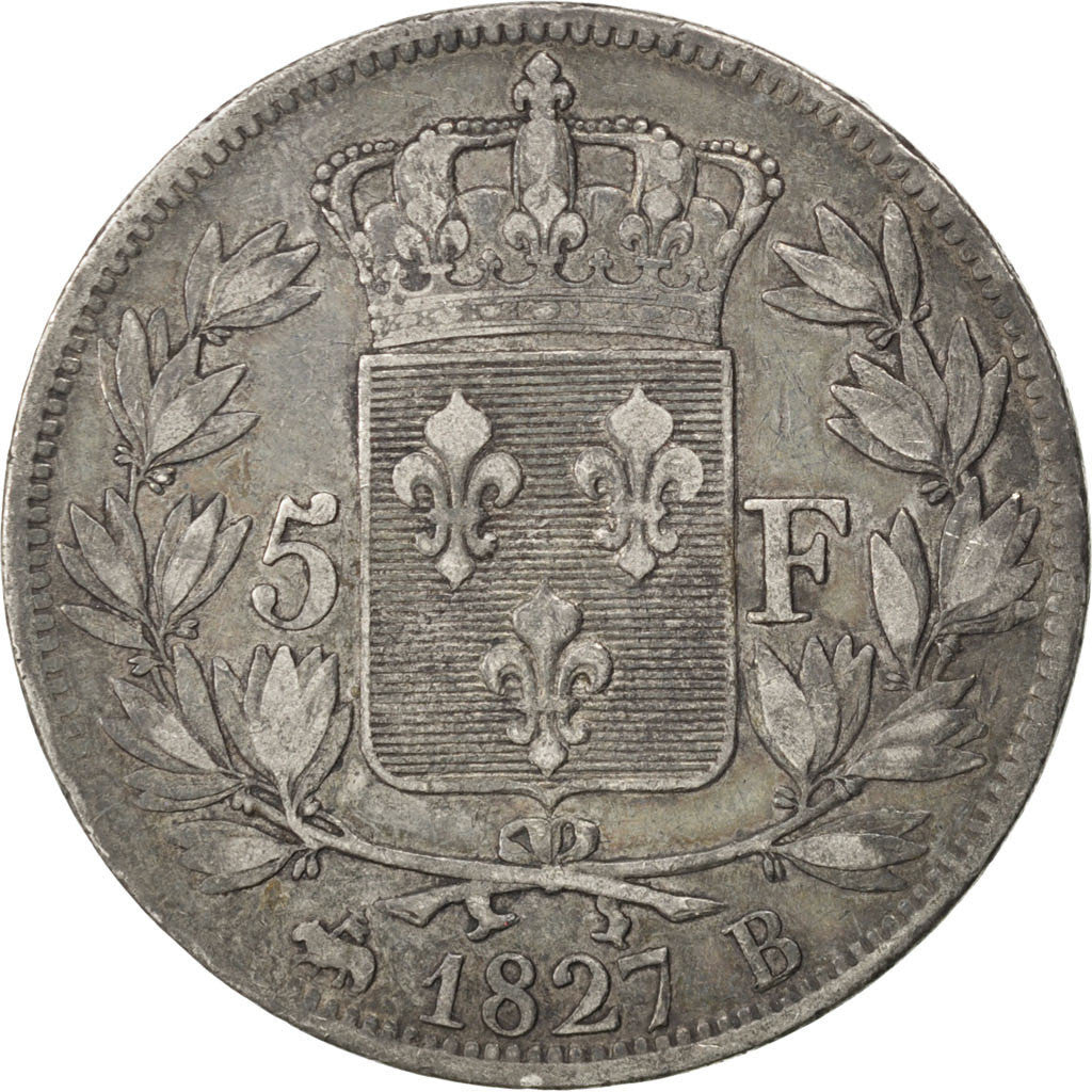 FRANCE, Charles X, 5 Francs, 1827, Rouen, KM #728.2, VF(30-35), Silver, Gadoury.